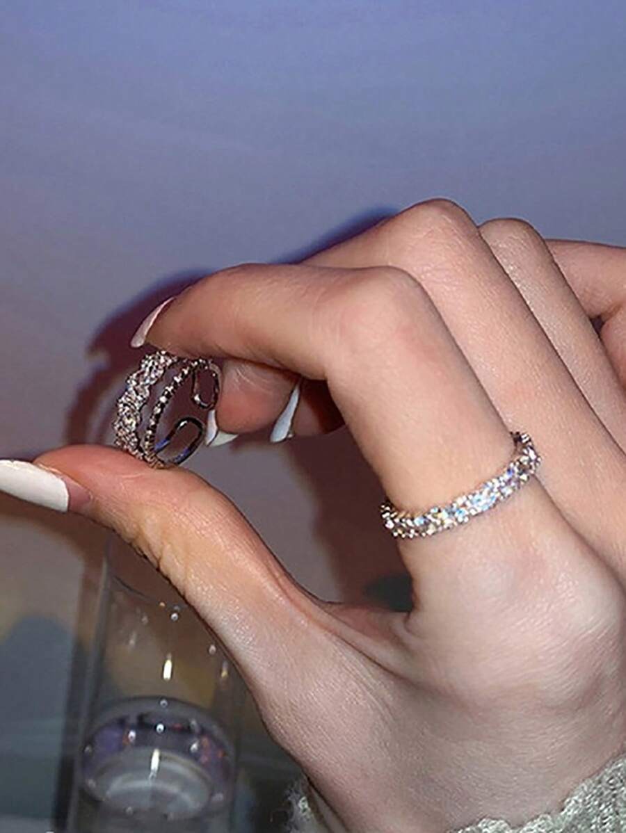 SHEIN خاتم قطعتين من الزركونيا المكعبة بتصميم فضي فاخر