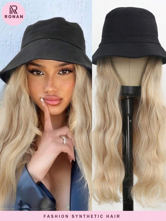 SHEIN قبعة سطل سوداء بشعر طويل متموج 26 بوصة