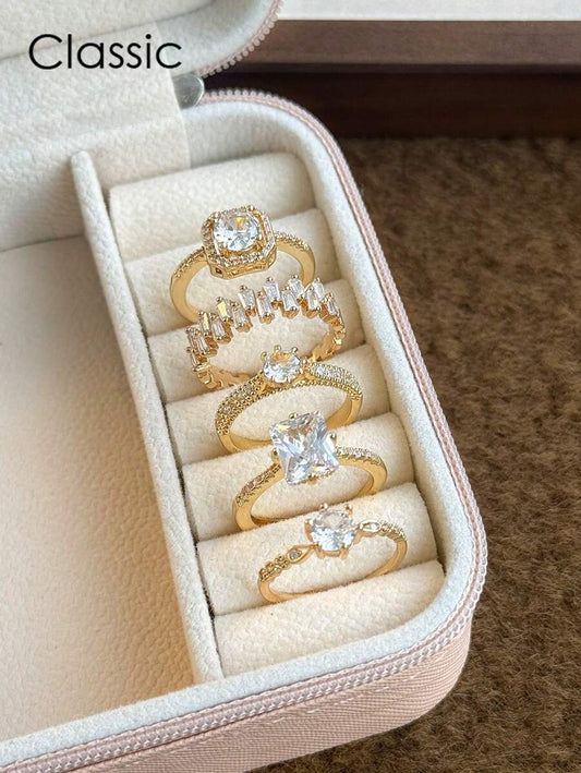 SHEIN طقم 5 خواتم مرصعة بزركونيا مكعبة ومطرزة بالنحاس
