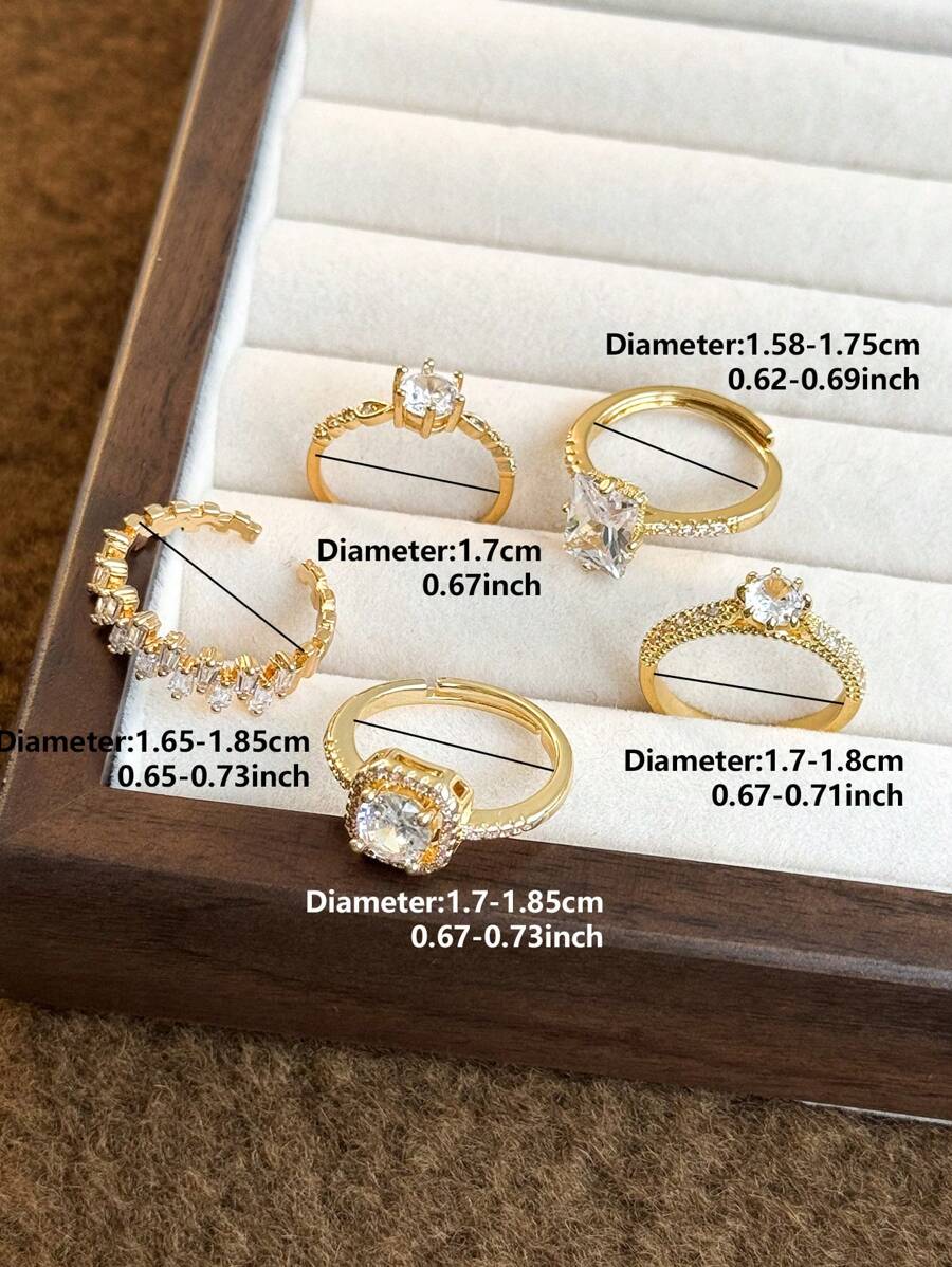 SHEIN طقم 5 خواتم مرصعة بزركونيا مكعبة ومطرزة بالنحاس