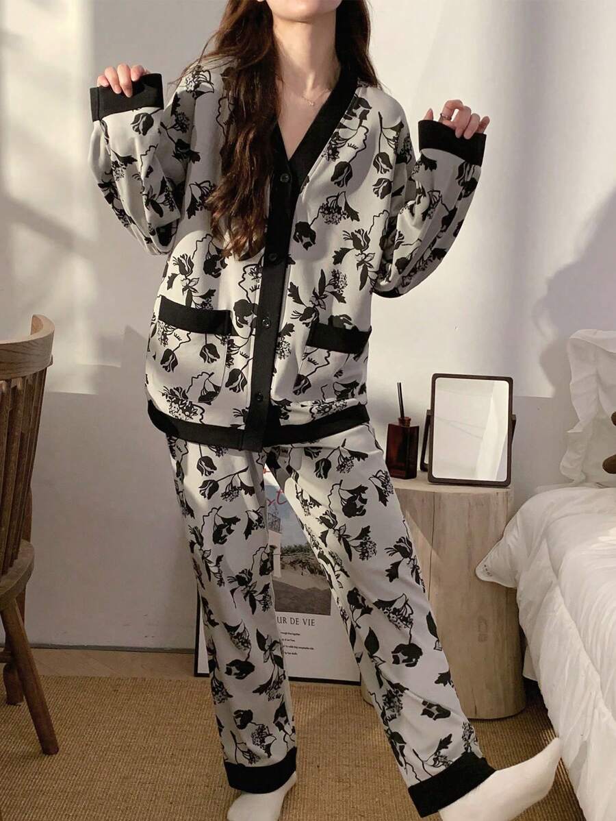 SHEIN طقم بيجامة قطعتين بأكمام طويلة وبنطلون