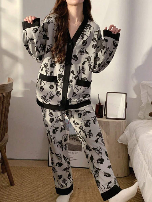 SHEIN طقم بيجامة قطعتين بأكمام طويلة وبنطلون