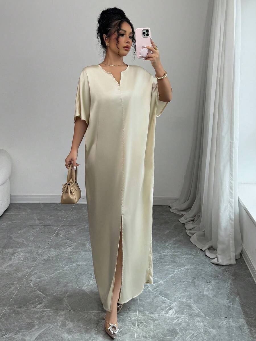 SHEIN Elenzga فستان طويل أنيق وناعم ممشر بلون مشمشي وشق علوي
