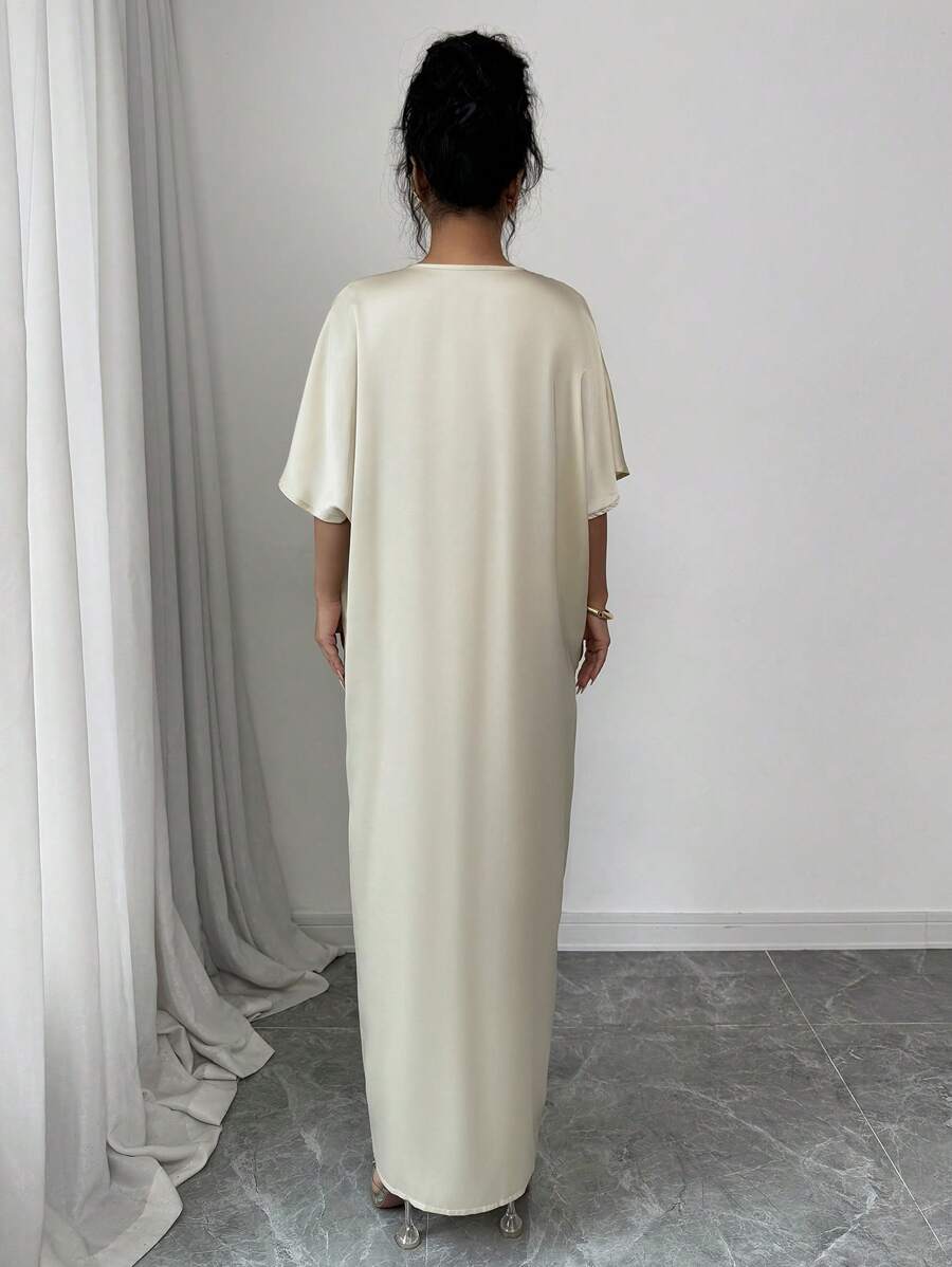 SHEIN Elenzga فستان طويل أنيق وناعم ممشر بلون مشمشي وشق علوي