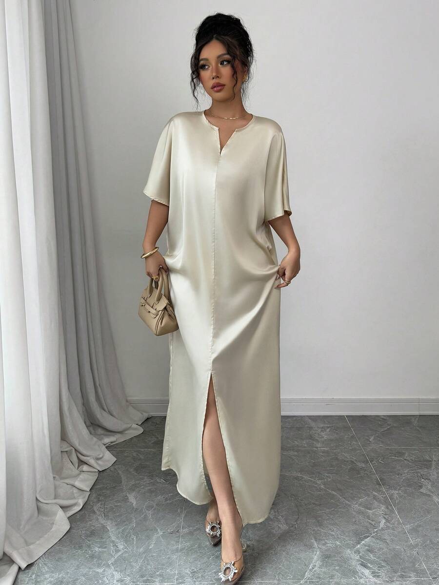 SHEIN Elenzga فستان طويل أنيق وناعم ممشر بلون مشمشي وشق علوي