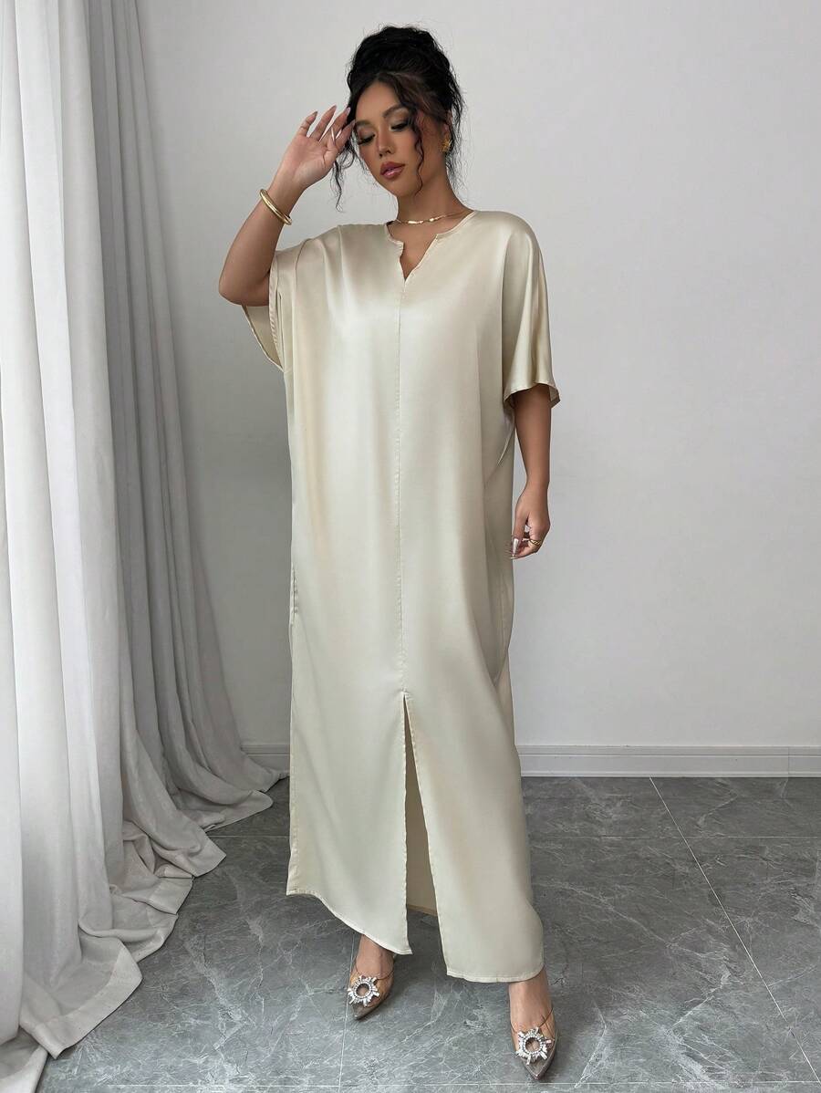 SHEIN Elenzga فستان طويل أنيق وناعم ممشر بلون مشمشي وشق علوي