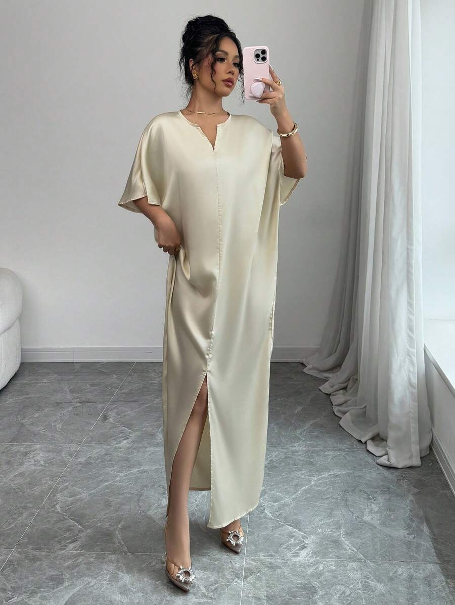 SHEIN Elenzga فستان طويل أنيق وناعم ممشر بلون مشمشي وشق علوي