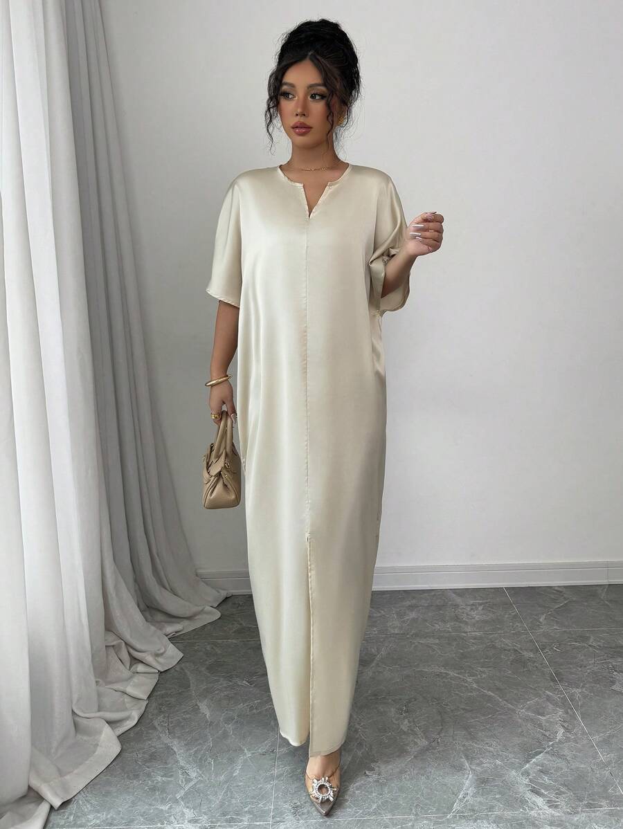 SHEIN Elenzga فستان طويل أنيق وناعم ممشر بلون مشمشي وشق علوي