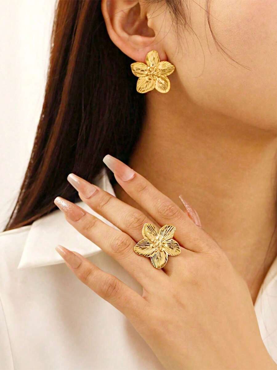 SHEIN طقم 3 قطع أقراط وخواتم بطراز زهري