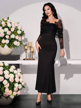 SHEIN Modelyn فستان أسود طويل مزين بالدانتيل بأكمام غير متماثلة