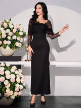SHEIN Modelyn فستان أسود طويل مزين بالدانتيل بأكمام غير متماثلة