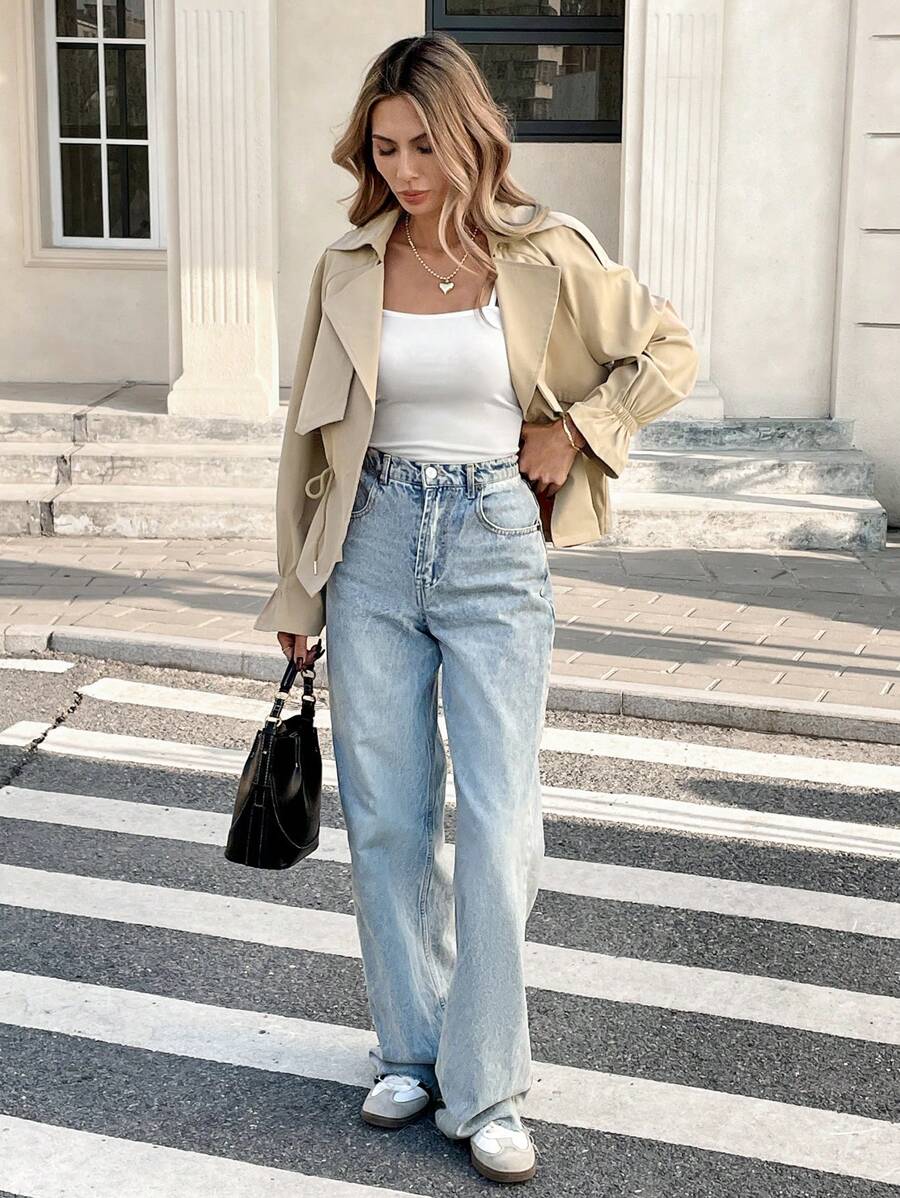 SHEIN Easowa معطف ترنش نسائي قصير بلون كاكي