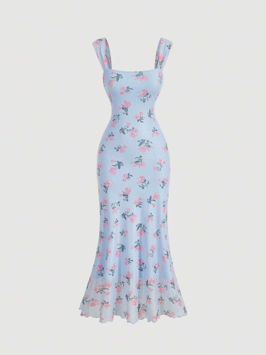 SHEIN MOD فستان أزرق بخصر ضيق وياقة مربعة وطبعة زهور كلاسيكية