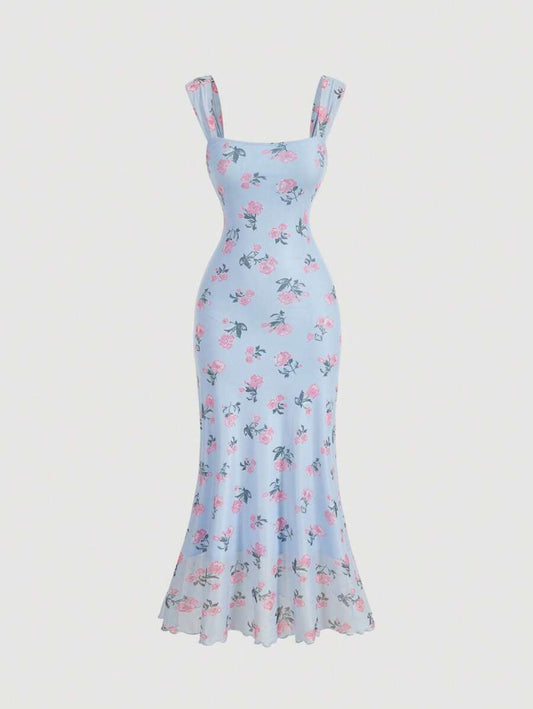 SHEIN MOD فستان أزرق بخصر ضيق وياقة مربعة وطبعة زهور كلاسيكية