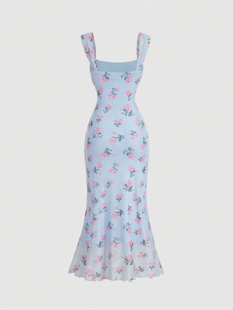 SHEIN MOD فستان أزرق بخصر ضيق وياقة مربعة وطبعة زهور كلاسيكية