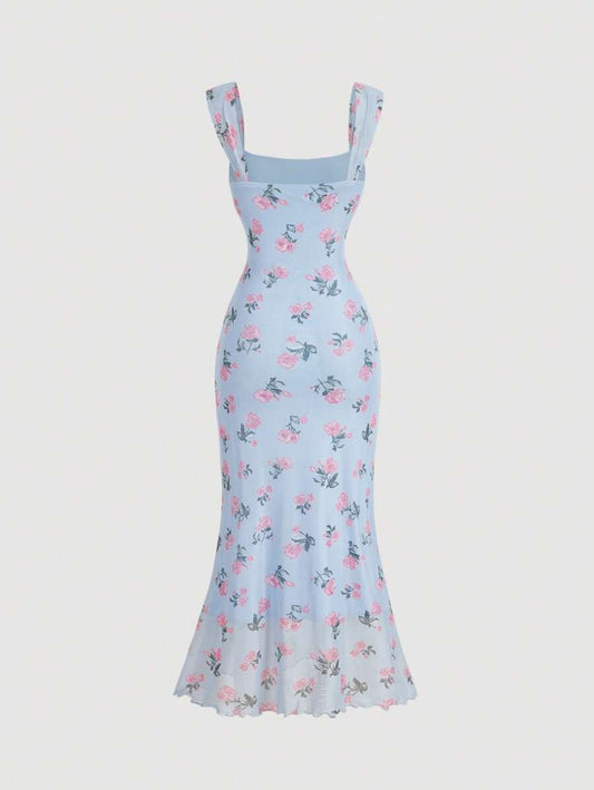 SHEIN MOD فستان أزرق بخصر ضيق وياقة مربعة وطبعة زهور كلاسيكية