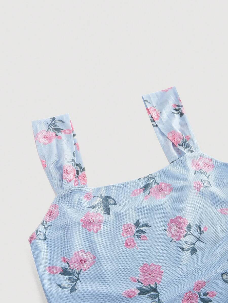 SHEIN MOD فستان أزرق بخصر ضيق وياقة مربعة وطبعة زهور كلاسيكية