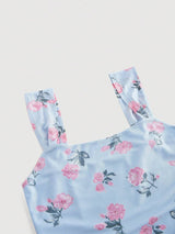 SHEIN MOD فستان أزرق بخصر ضيق وياقة مربعة وطبعة زهور كلاسيكية