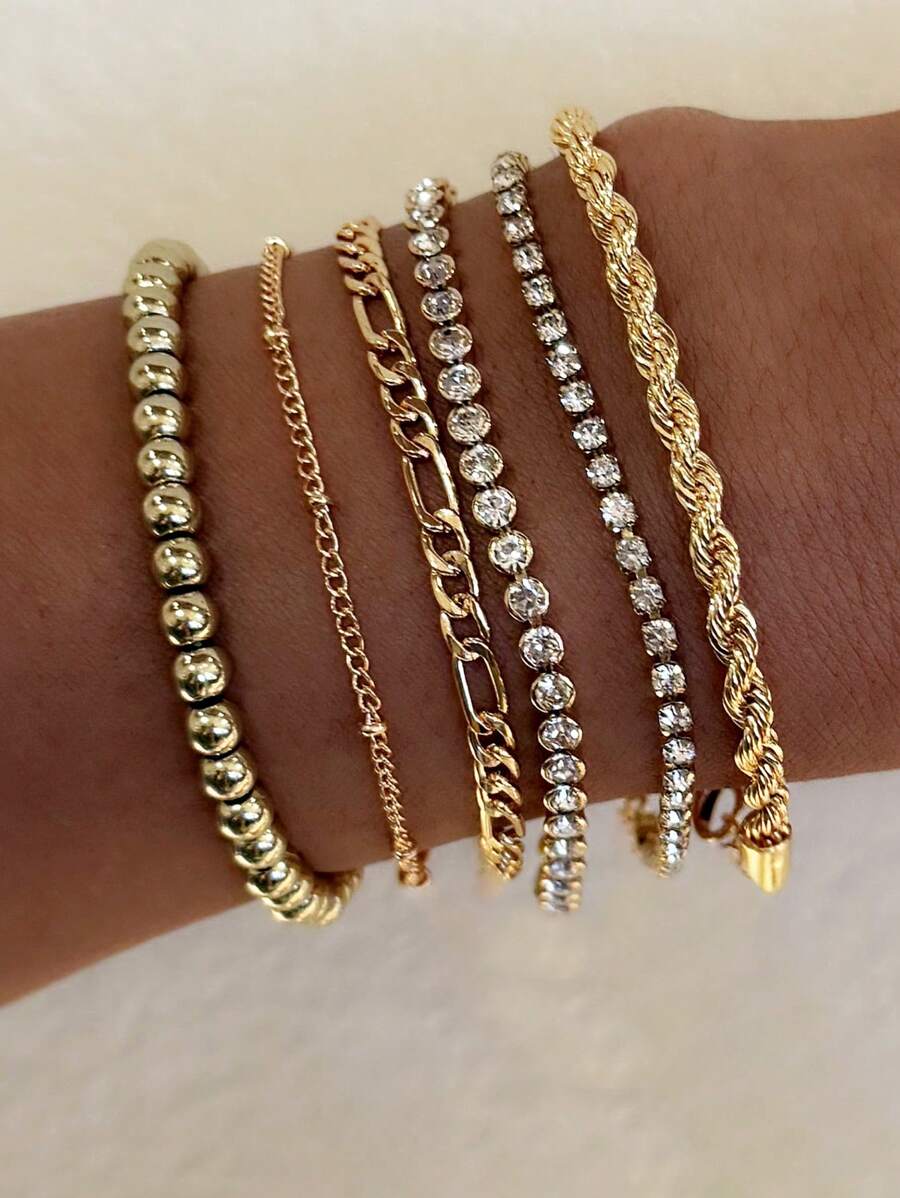 SHEIN مجموعة أساور 6 قطع ذهبية مزينة بالجواهر