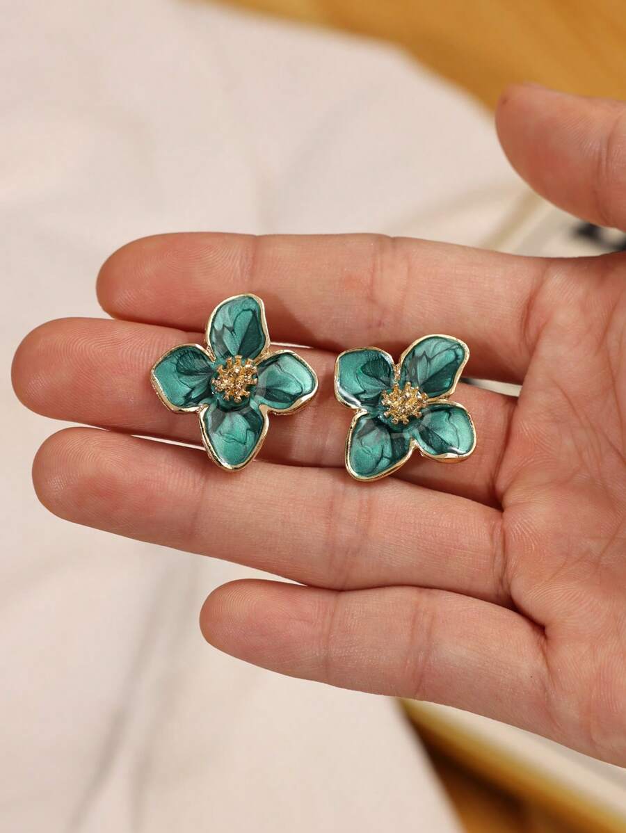 SHEIN أقراط زهرية خضراء مطلية بالزنك
