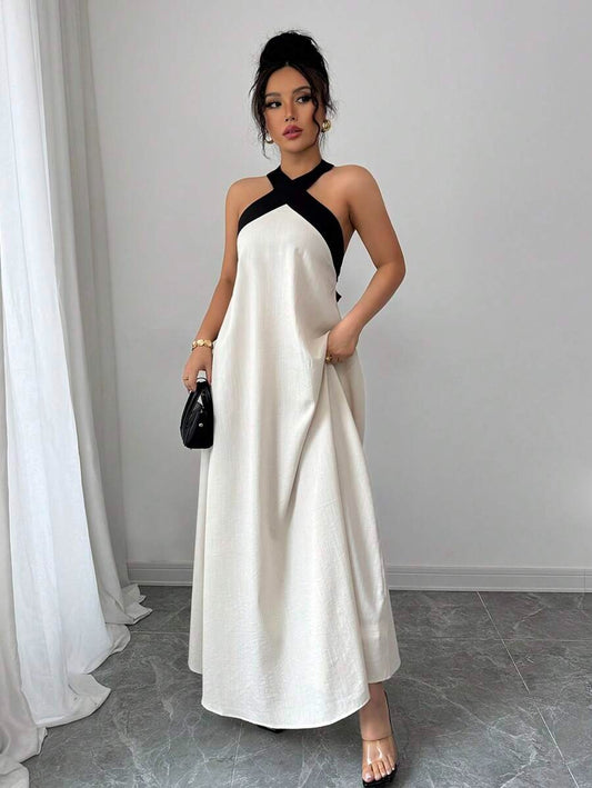 SHEIN Rafferiza فستان ماكسي أنيق بلون كاكي بدون أكمام وظهر مكشوف
