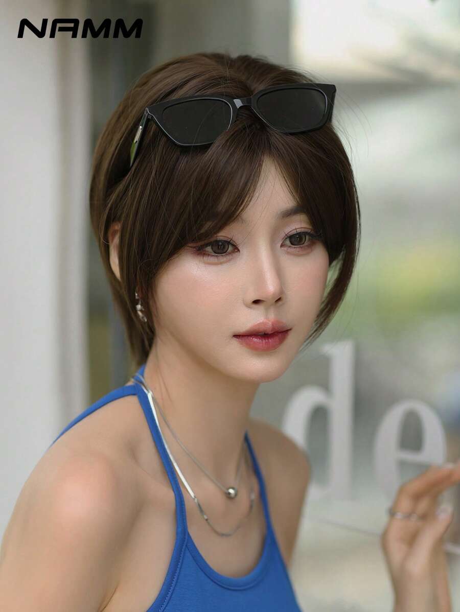 SHEIN NAMM باروكة شعر مستقيم بني قصير 12 بوصة ألياف صناعية مقاومة للحرارة