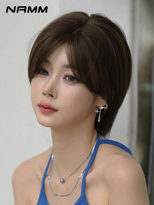 SHEIN NAMM باروكة شعر مستقيم بني قصير 12 بوصة ألياف صناعية مقاومة للحرارة