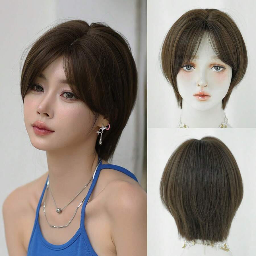 SHEIN NAMM باروكة شعر مستقيم بني قصير 12 بوصة ألياف صناعية مقاومة للحرارة