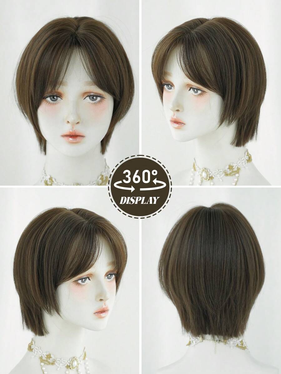 SHEIN NAMM باروكة شعر مستقيم بني قصير 12 بوصة ألياف صناعية مقاومة للحرارة