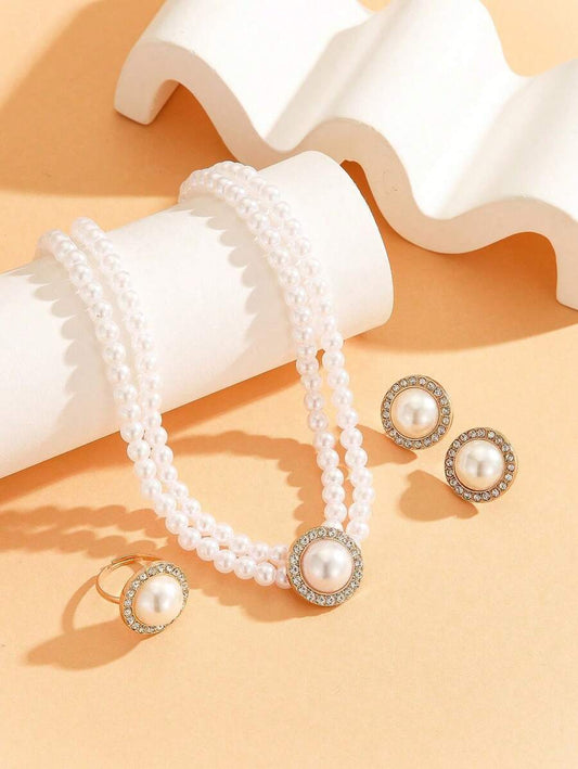 SHEIN مجموعة مجوهرات 4 قطع بيضاء بلؤلؤ اصطناعي