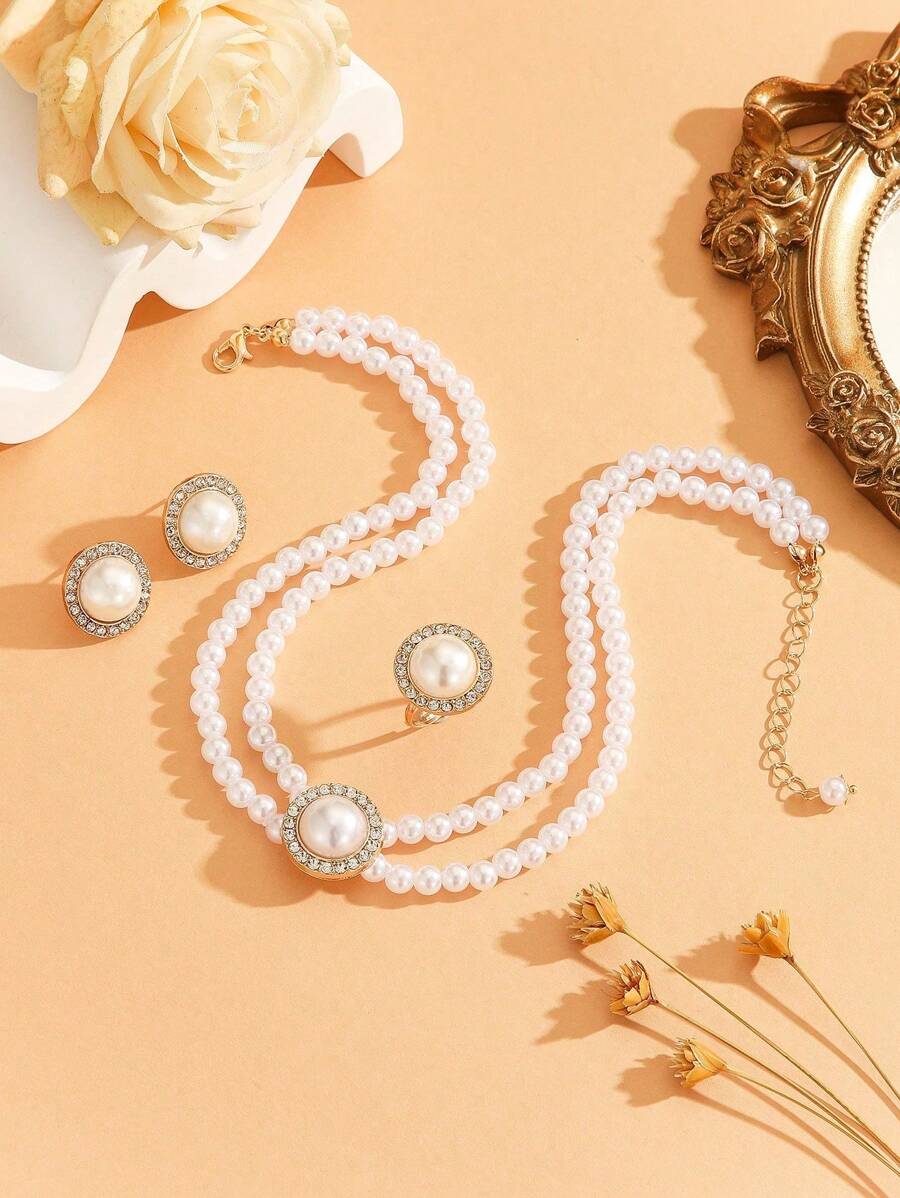 SHEIN مجموعة مجوهرات 4 قطع بيضاء بلؤلؤ اصطناعي