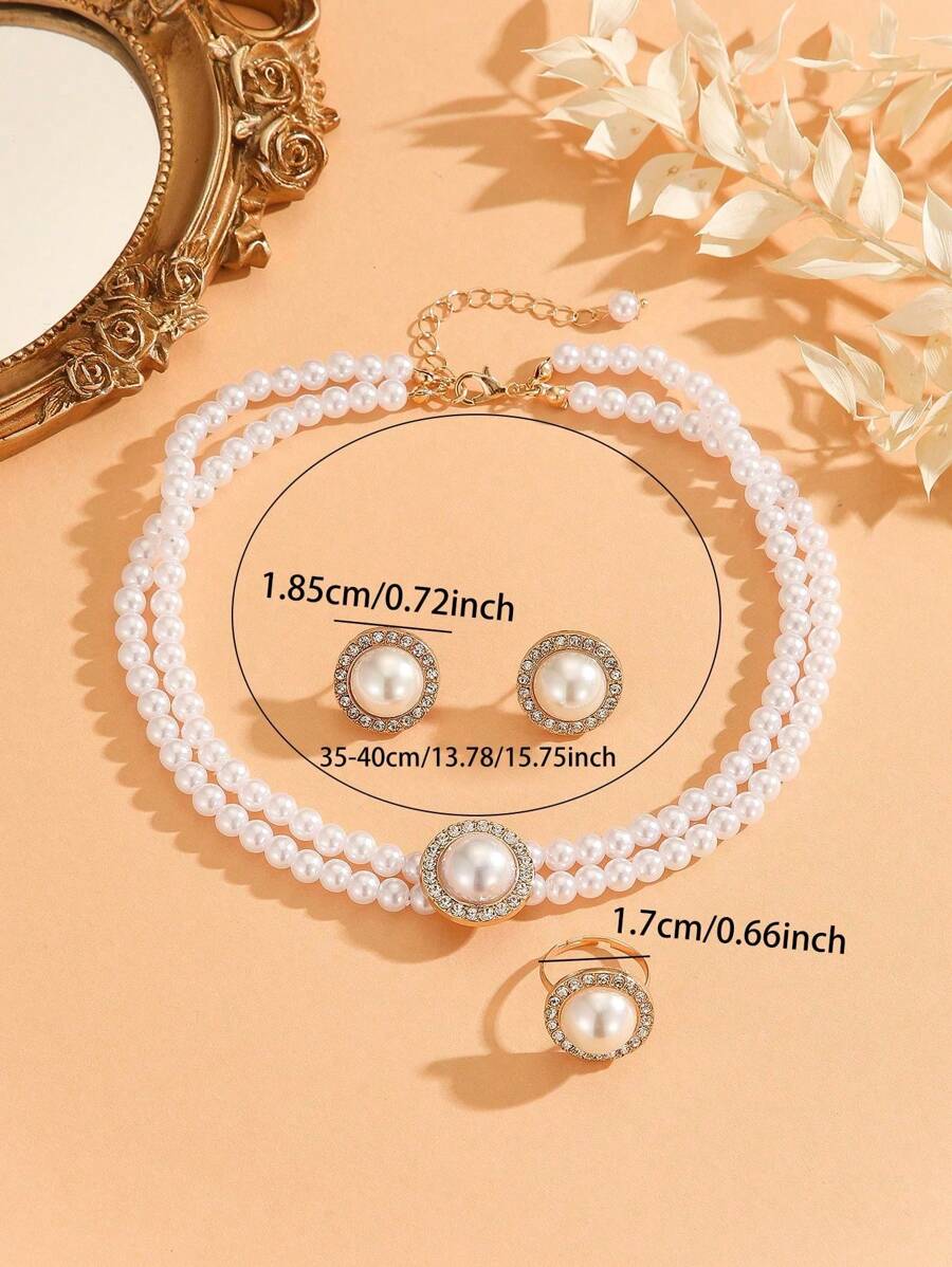 SHEIN مجموعة مجوهرات 4 قطع بيضاء بلؤلؤ اصطناعي