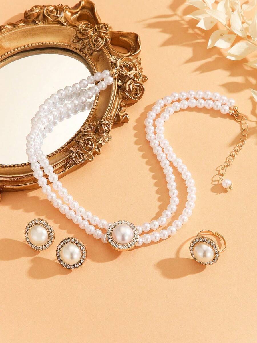 SHEIN مجموعة مجوهرات 4 قطع بيضاء بلؤلؤ اصطناعي
