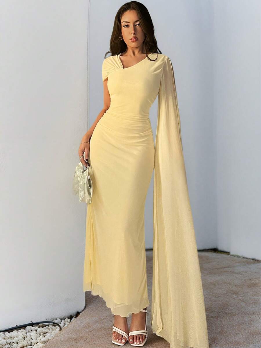 SHEIN Firerie فستان اصفر طويل بكشكشة وخصر مزين باللؤلؤ