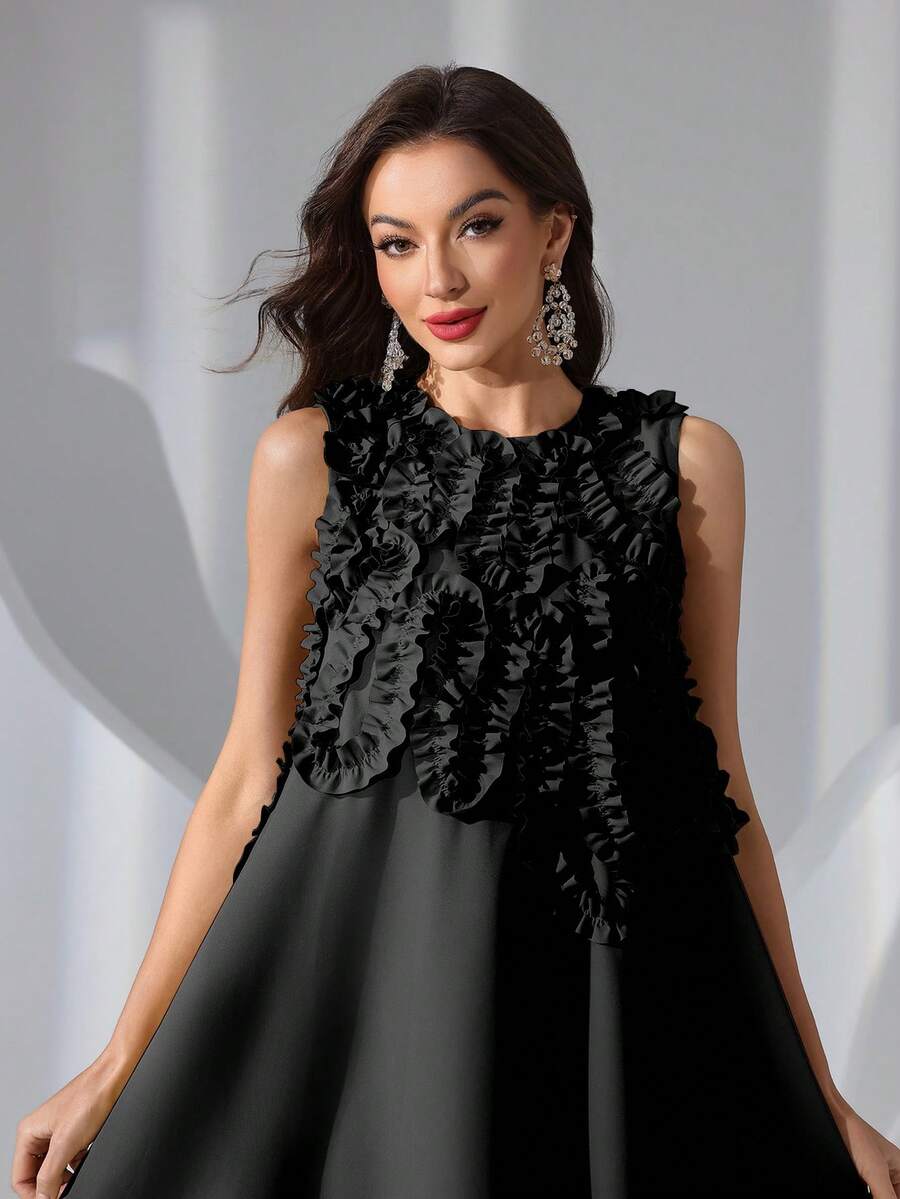 SHEIN فستان أسود أنيق بدون أكمام مزخرف بزهور ثلاثية الأبعاد