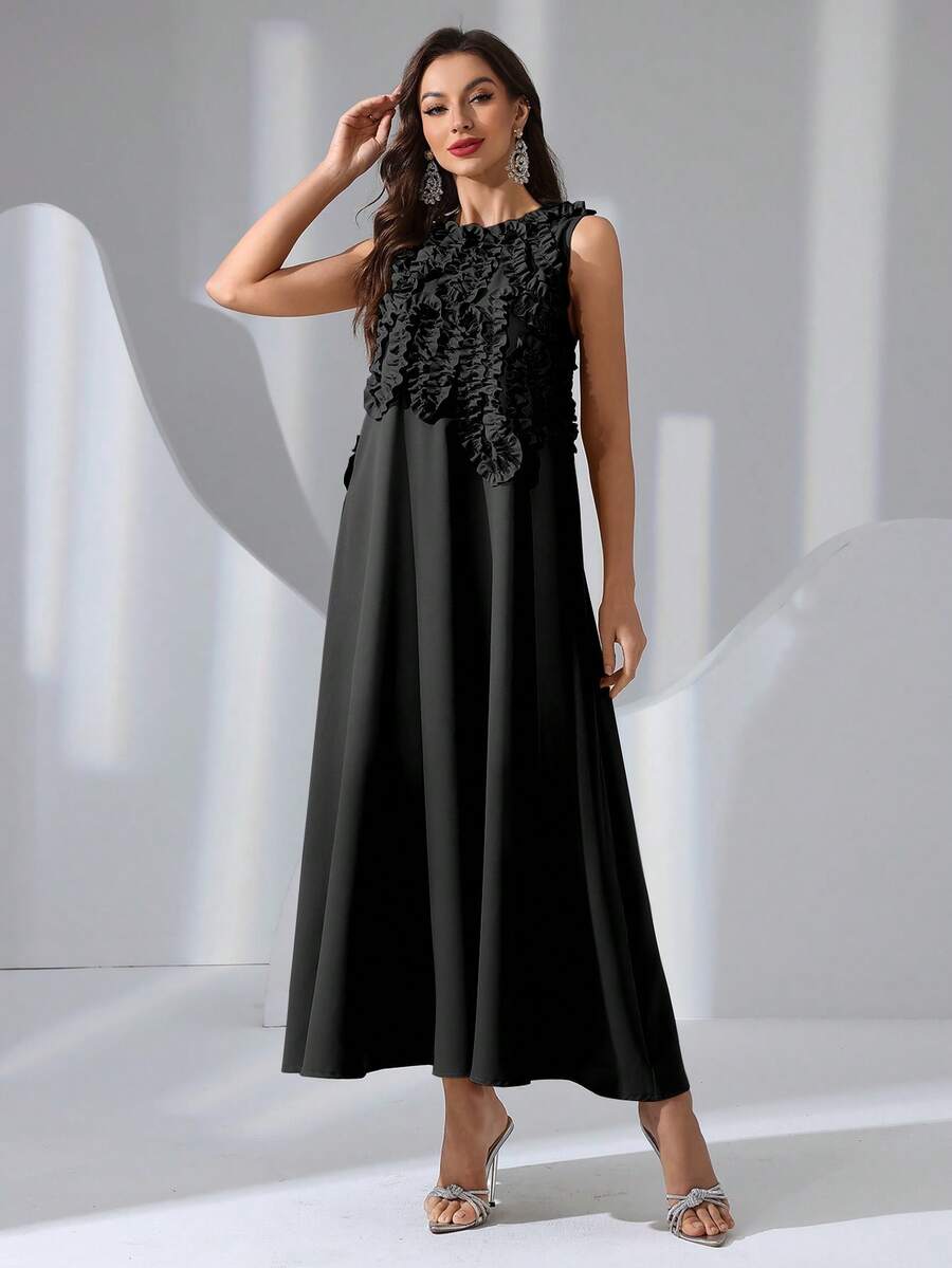 SHEIN فستان أسود أنيق بدون أكمام مزخرف بزهور ثلاثية الأبعاد