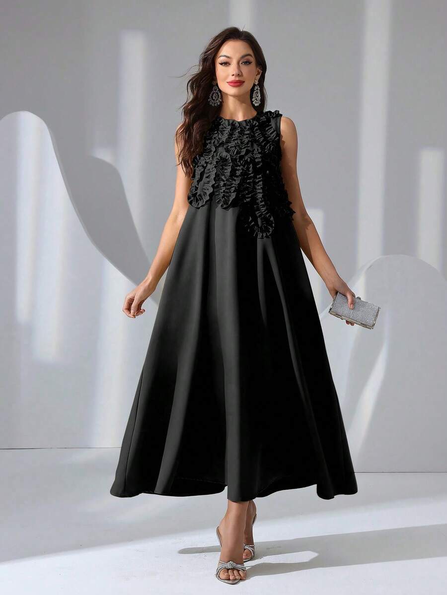 SHEIN فستان أسود أنيق بدون أكمام مزخرف بزهور ثلاثية الأبعاد