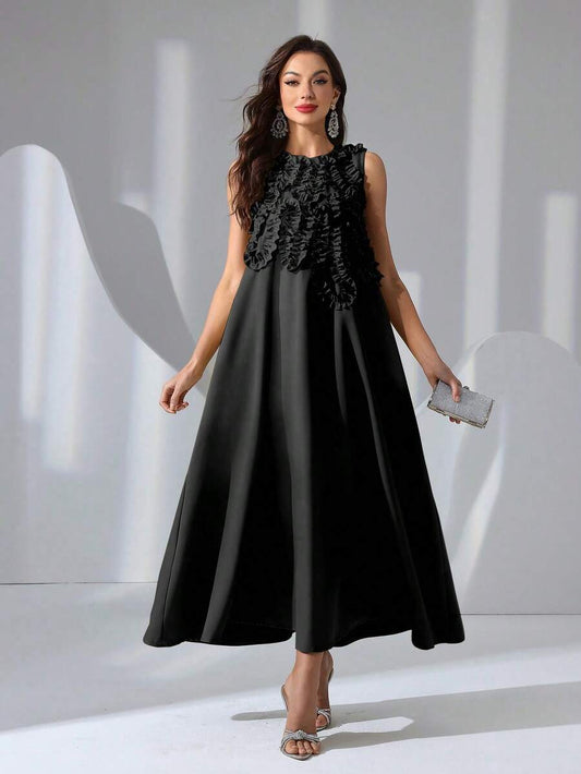 SHEIN فستان أسود أنيق بدون أكمام مزخرف بزهور ثلاثية الأبعاد