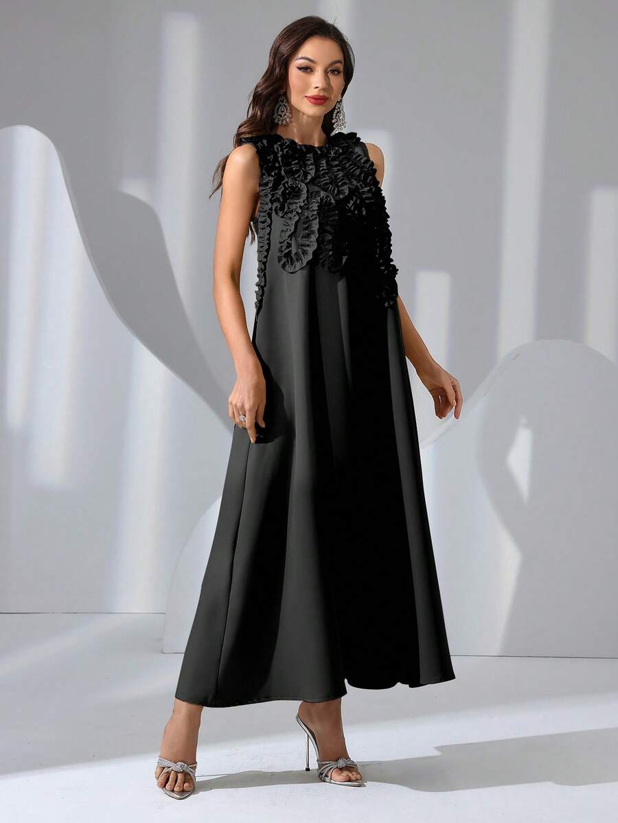 SHEIN فستان أسود أنيق بدون أكمام مزخرف بزهور ثلاثية الأبعاد