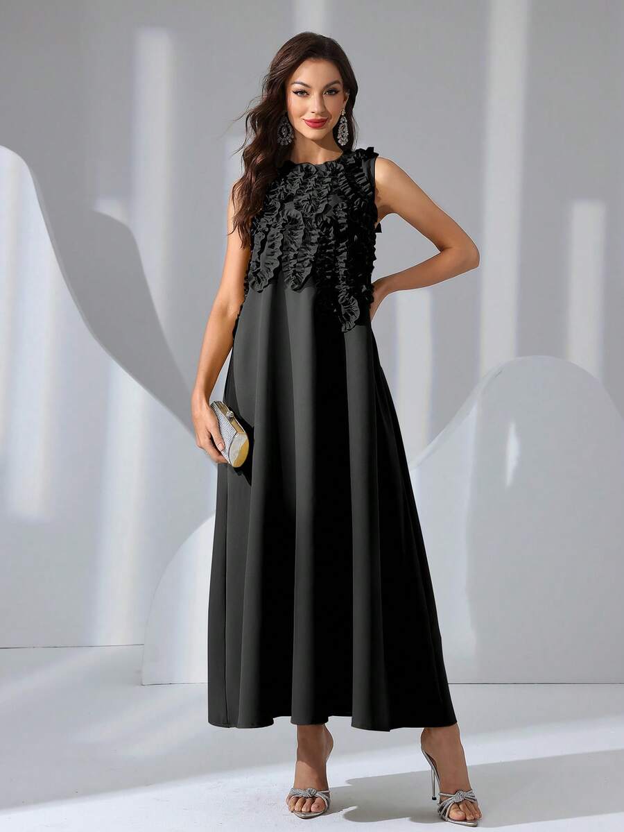 SHEIN فستان أسود أنيق بدون أكمام مزخرف بزهور ثلاثية الأبعاد