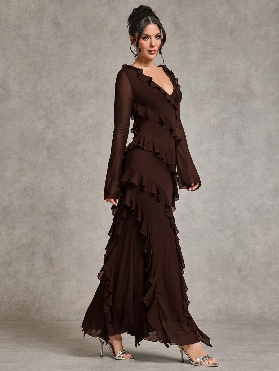 SHEIN BAE فستان ماكسي بني بكشاكش وأكمام شبكية