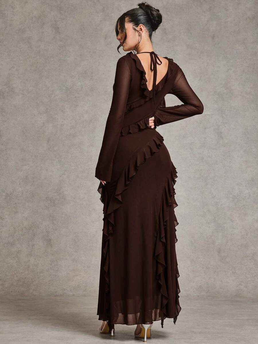 SHEIN BAE فستان ماكسي بني بكشاكش وأكمام شبكية