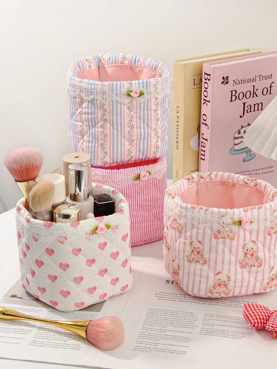 SHEIN سلة تخزين مكياج بزخارف قلوب وأزهار