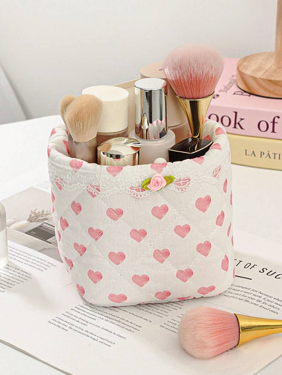 SHEIN سلة تخزين مكياج بزخارف قلوب وأزهار