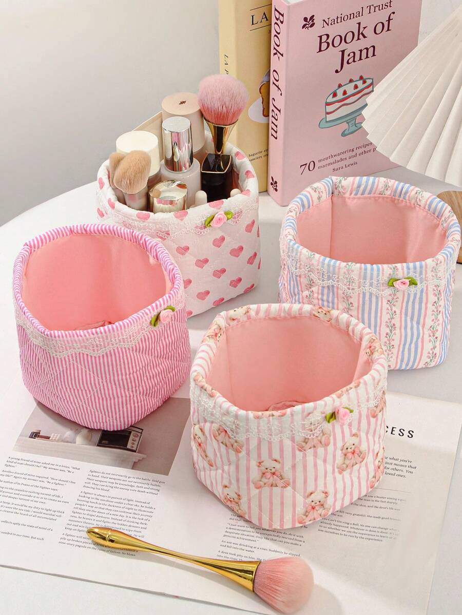 SHEIN سلة تخزين مكياج بزخارف قلوب وأزهار