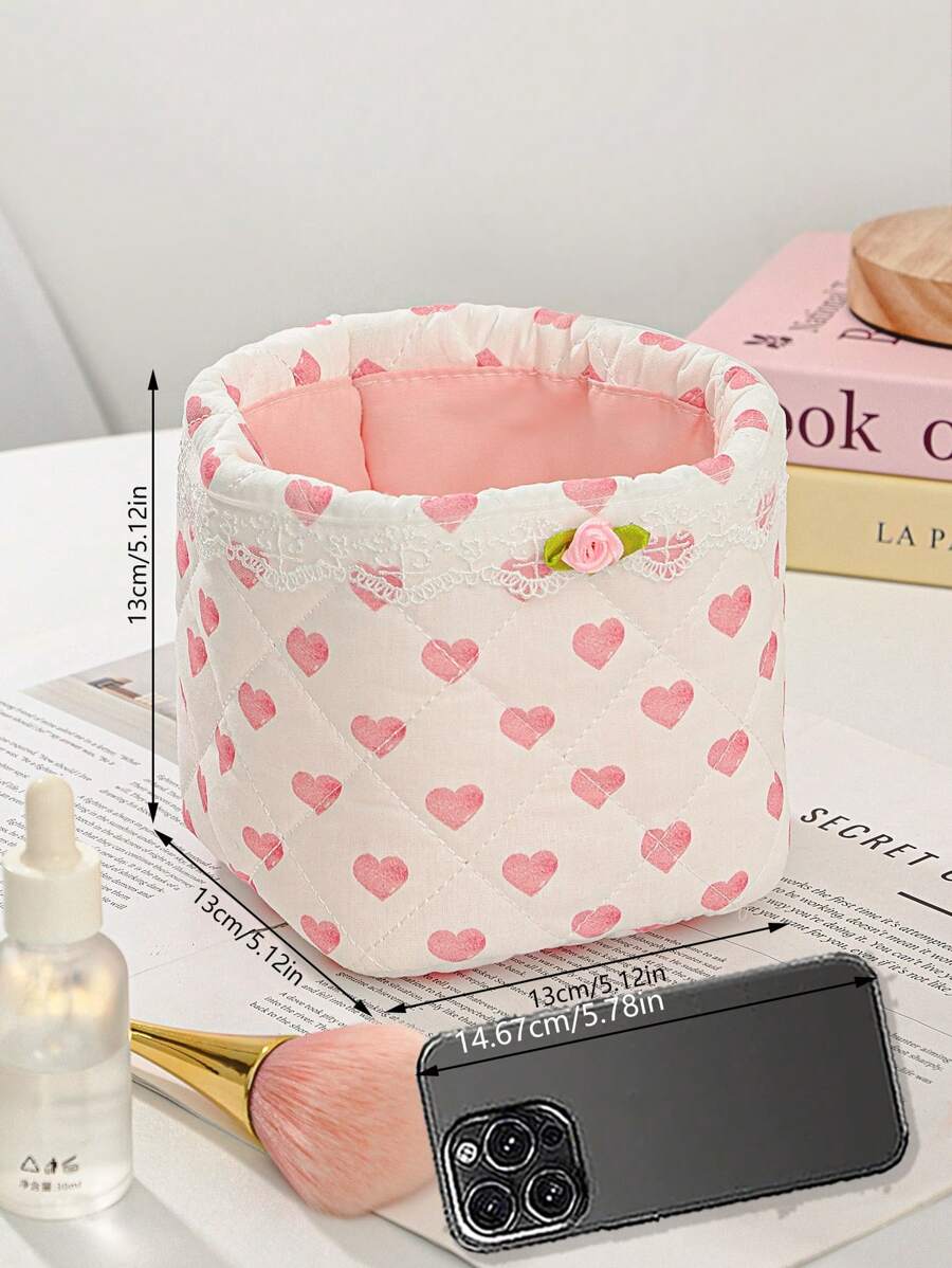 SHEIN سلة تخزين مكياج بزخارف قلوب وأزهار