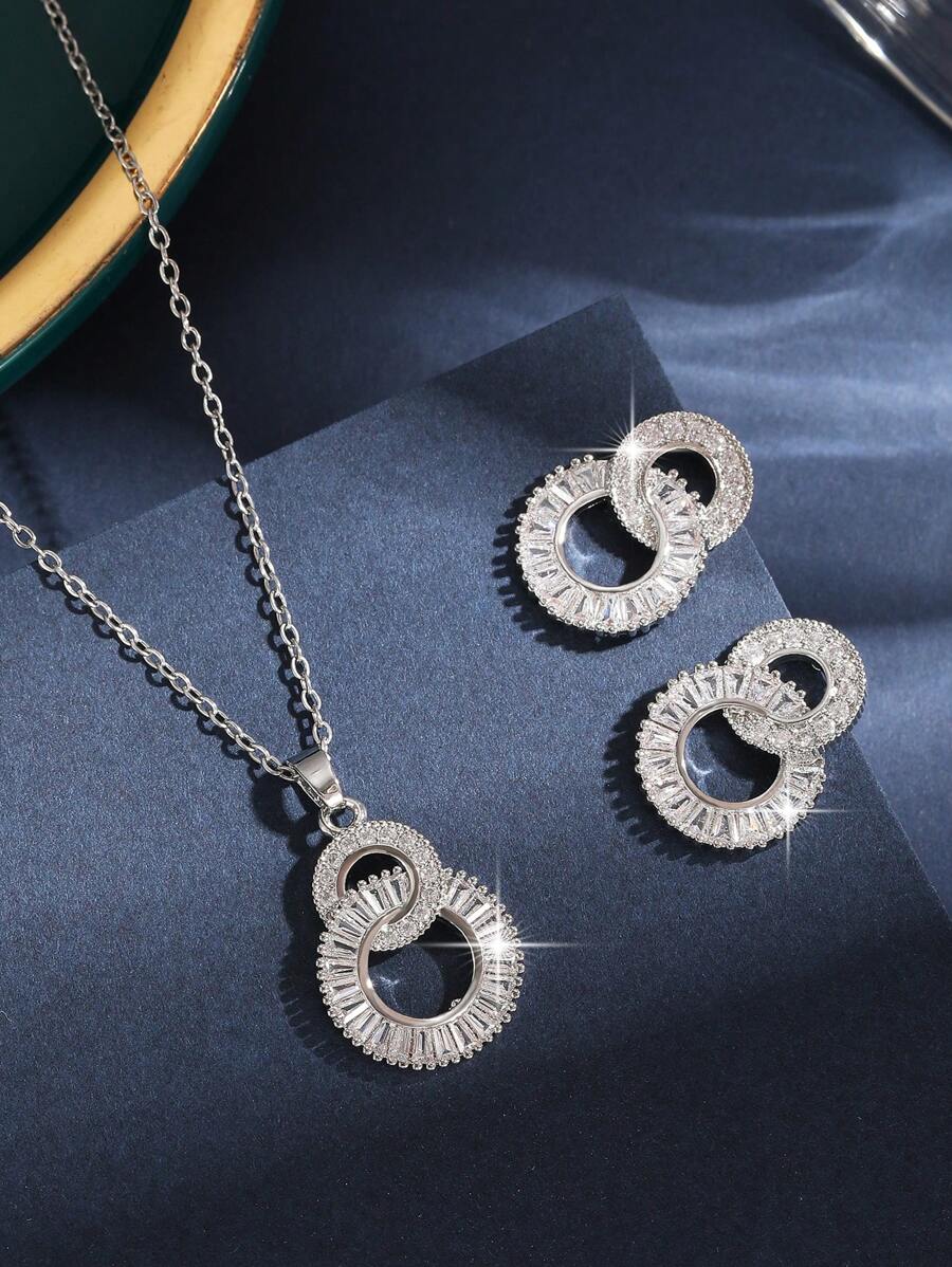 SHEIN طقم مجوهرات 3 قطع فضي مرصع بزيركونيا