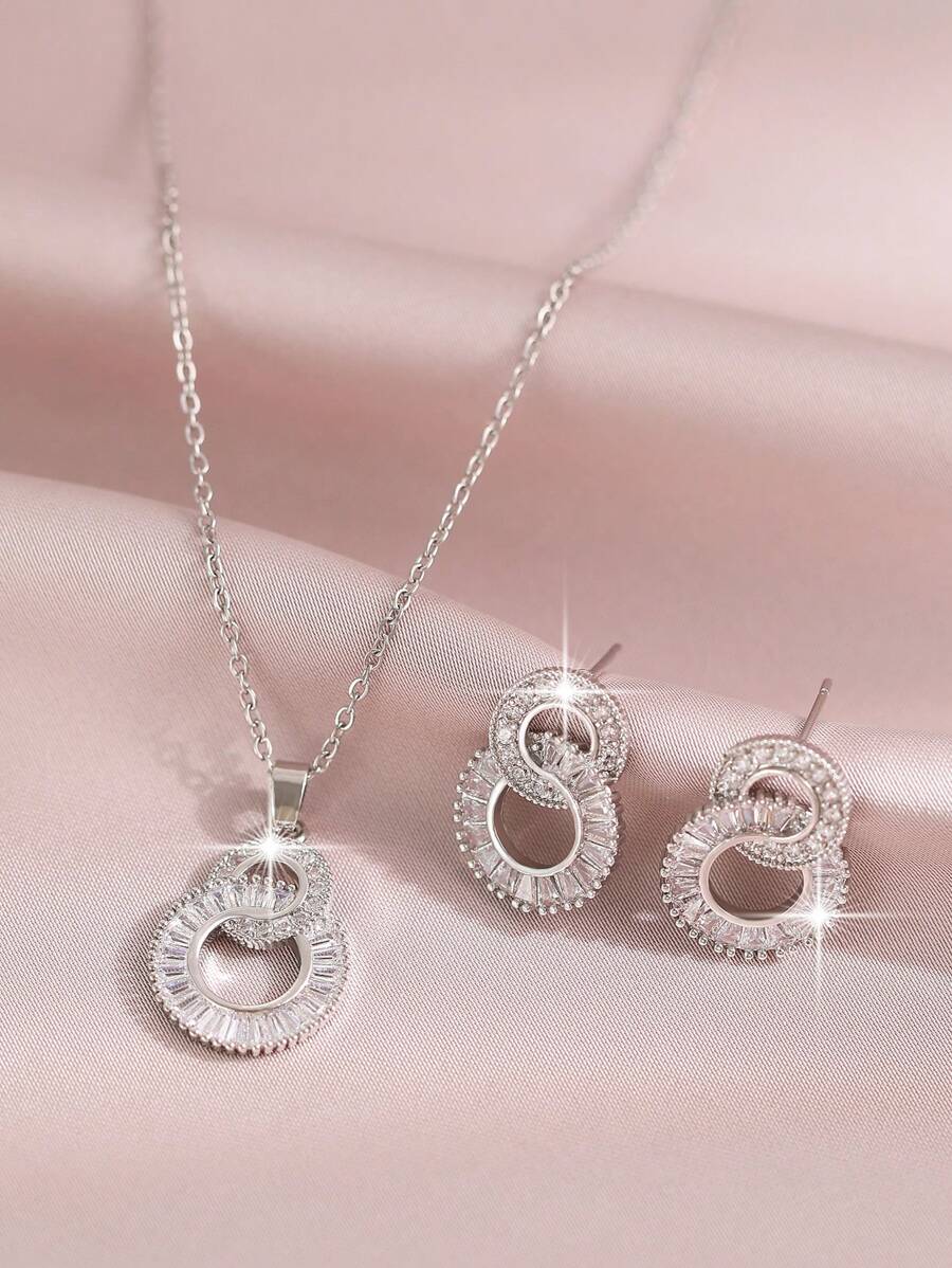 SHEIN طقم مجوهرات 3 قطع فضي مرصع بزيركونيا