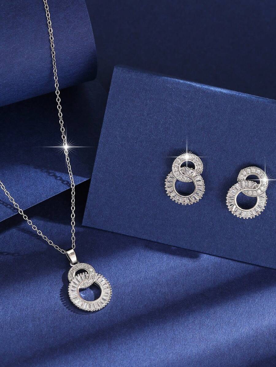SHEIN طقم مجوهرات 3 قطع فضي مرصع بزيركونيا