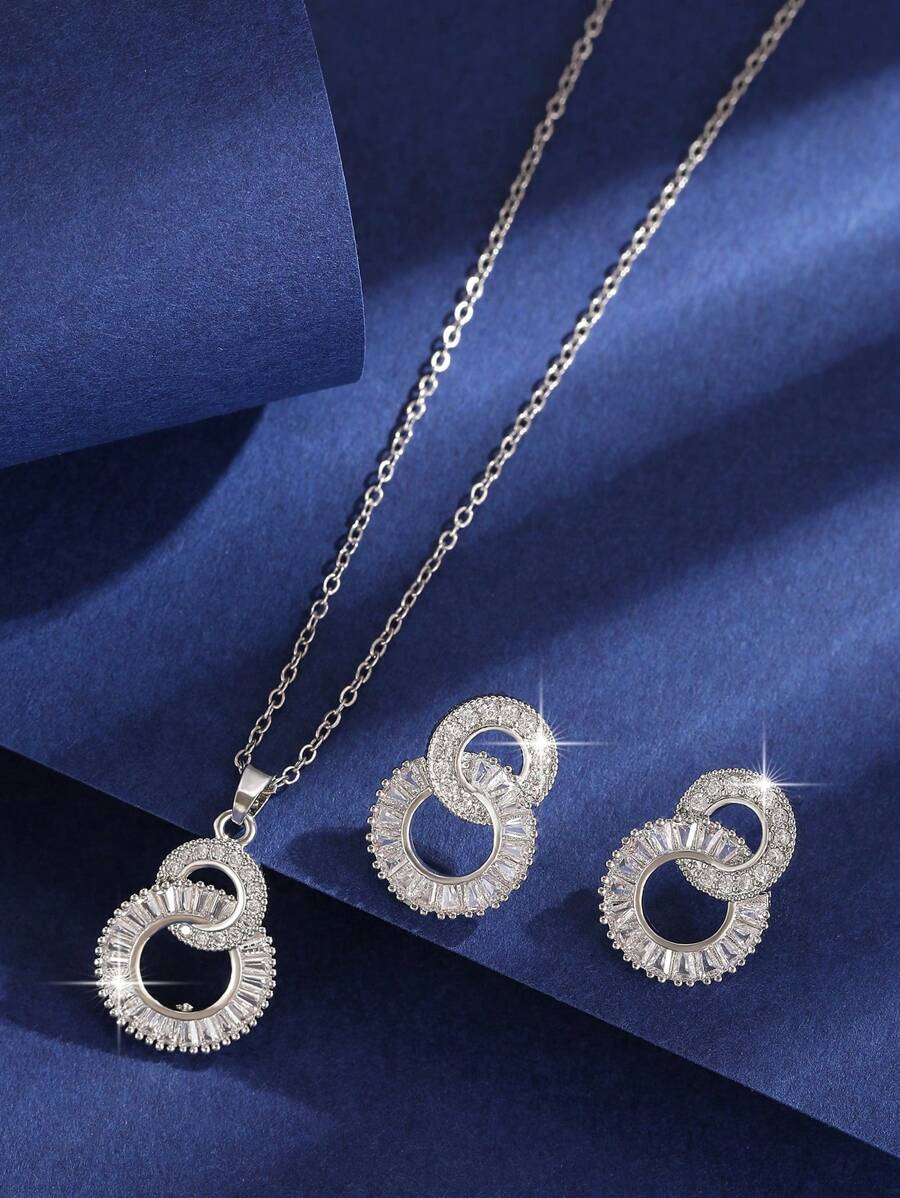 SHEIN طقم مجوهرات 3 قطع فضي مرصع بزيركونيا